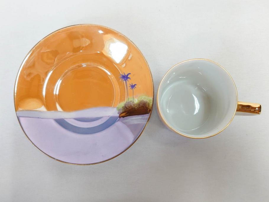 明治〜大正期　オールドノリタケ　NORITAKE　ラスター彩　金彩　コーヒーポット　デミタスカップ&ソーサー　異国情緒あふれるデザインが優雅なひとときを演出するコーヒーセット(風景、舟、船、マルキ印、オレンジ、C&S、洋食器)(R-083295)