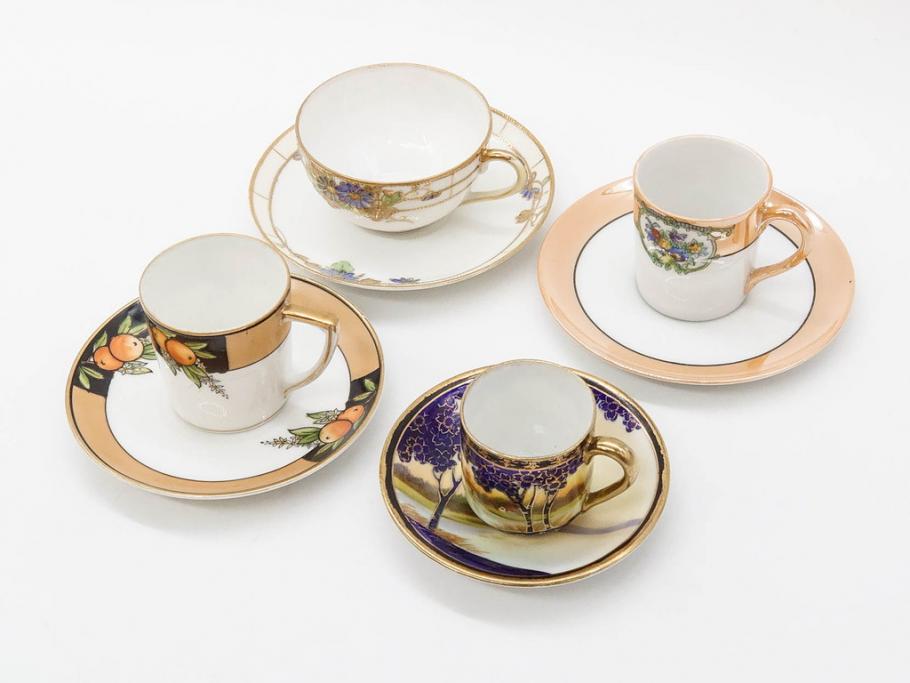 明治～大正期　オールドノリタケ　NORITAKE　ラスター彩　金彩　金盛　花　手仕事の美しさが凝縮されたカップ&ソーサー4客セット(マルキ印、フラワー、オレンジ、風景、ハンドペイント、C&S、洋食器)(R-083296)