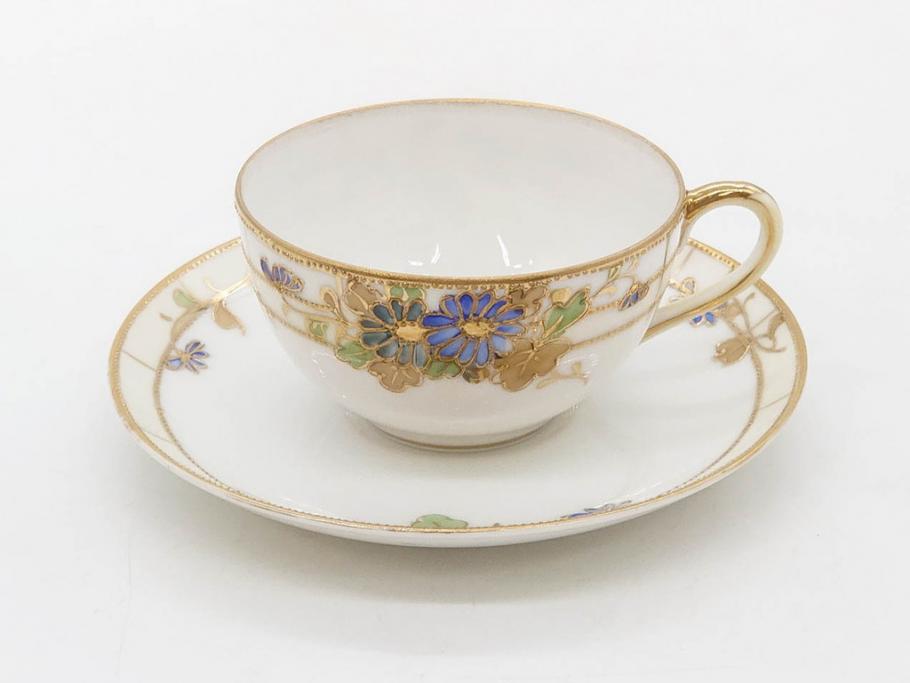 明治～大正期　オールドノリタケ　NORITAKE　ラスター彩　金彩　金盛　花　手仕事の美しさが凝縮されたカップ&ソーサー4客セット(マルキ印、フラワー、オレンジ、風景、ハンドペイント、C&S、洋食器)(R-083296)