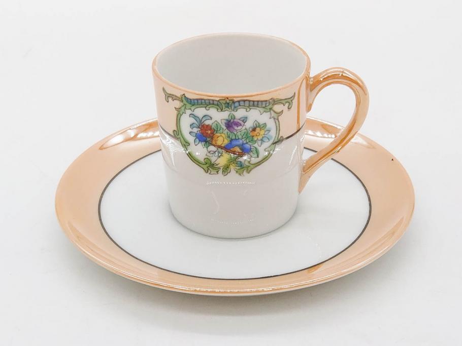 明治～大正期　オールドノリタケ　NORITAKE　ラスター彩　金彩　金盛　花　手仕事の美しさが凝縮されたカップ&ソーサー4客セット(マルキ印、フラワー、オレンジ、風景、ハンドペイント、C&S、洋食器)(R-083296)