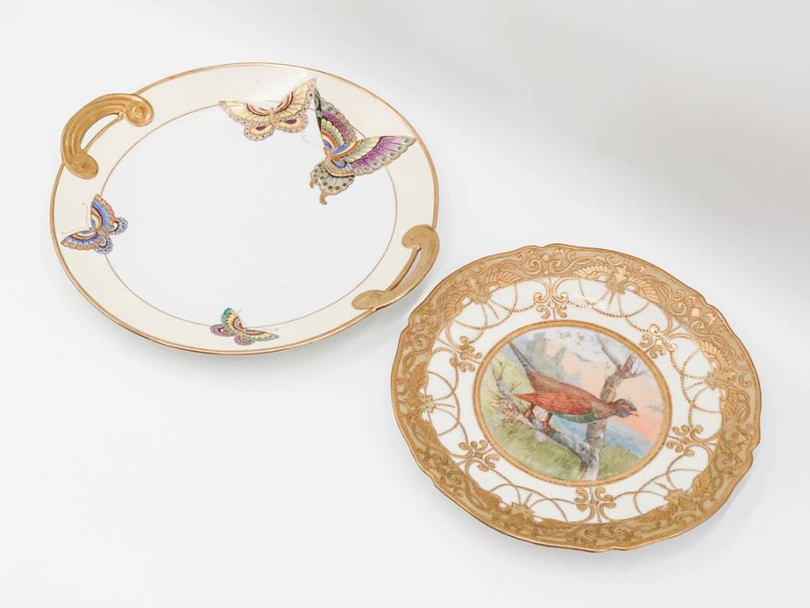 明治～大正期　オールドノリタケ　NORITAKE　金彩　金盛　ハンドペイント　雉　蝶　丁寧に施された装飾が日常に彩りと品格を添えるプレート2枚セット(ちょう、鳥、キジ、取手付、大皿、中皿、洋食器)(R-083568)