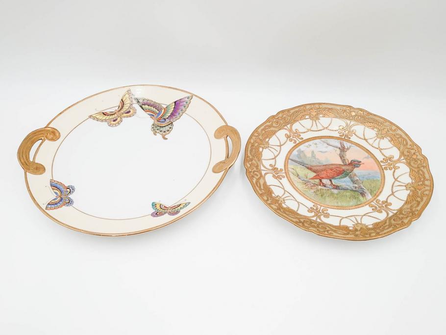 明治～大正期　オールドノリタケ　NORITAKE　金彩　金盛　ハンドペイント　雉　蝶　丁寧に施された装飾が日常に彩りと品格を添えるプレート2枚セット(ちょう、鳥、キジ、取手付、大皿、中皿、洋食器)(R-083568)
