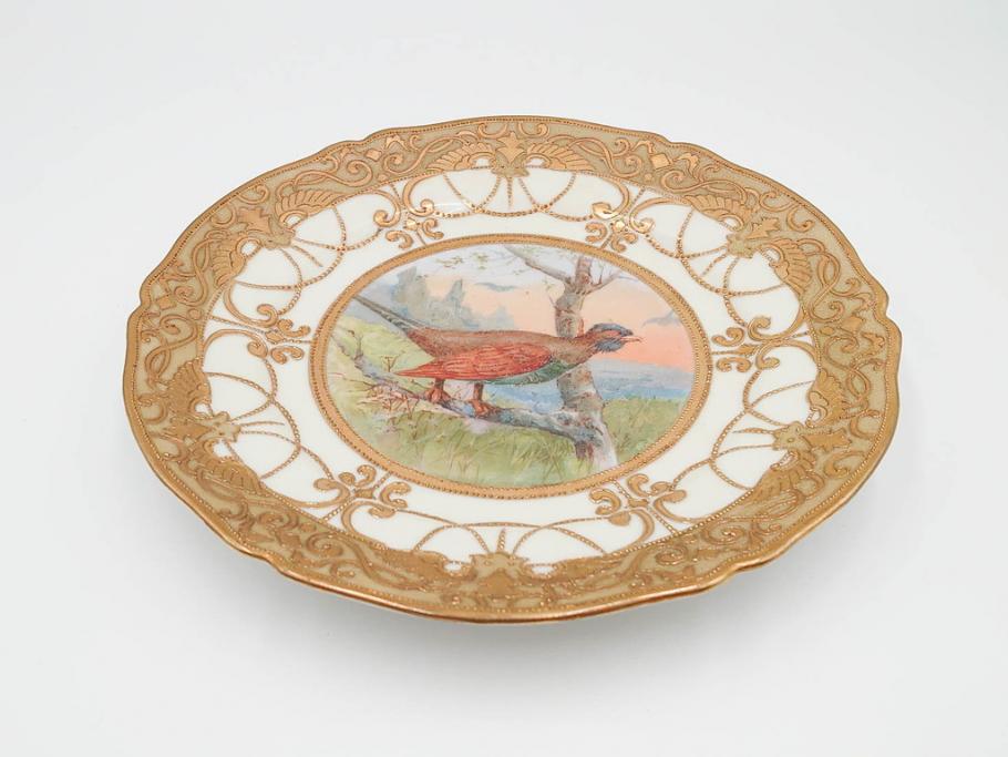 明治～大正期　オールドノリタケ　NORITAKE　金彩　金盛　ハンドペイント　雉　蝶　丁寧に施された装飾が日常に彩りと品格を添えるプレート2枚セット(ちょう、鳥、キジ、取手付、大皿、中皿、洋食器)(R-083568)