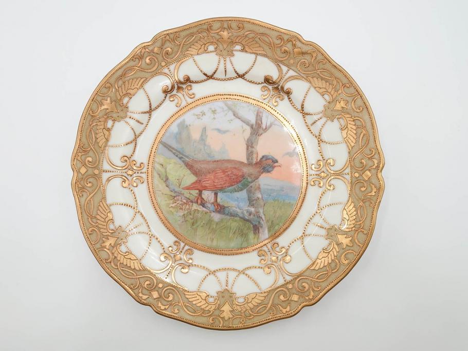 明治～大正期　オールドノリタケ　NORITAKE　金彩　金盛　ハンドペイント　雉　蝶　丁寧に施された装飾が日常に彩りと品格を添えるプレート2枚セット(ちょう、鳥、キジ、取手付、大皿、中皿、洋食器)(R-083568)