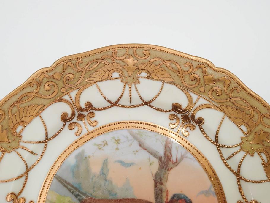 明治～大正期　オールドノリタケ　NORITAKE　金彩　金盛　ハンドペイント　雉　蝶　丁寧に施された装飾が日常に彩りと品格を添えるプレート2枚セット(ちょう、鳥、キジ、取手付、大皿、中皿、洋食器)(R-083568)