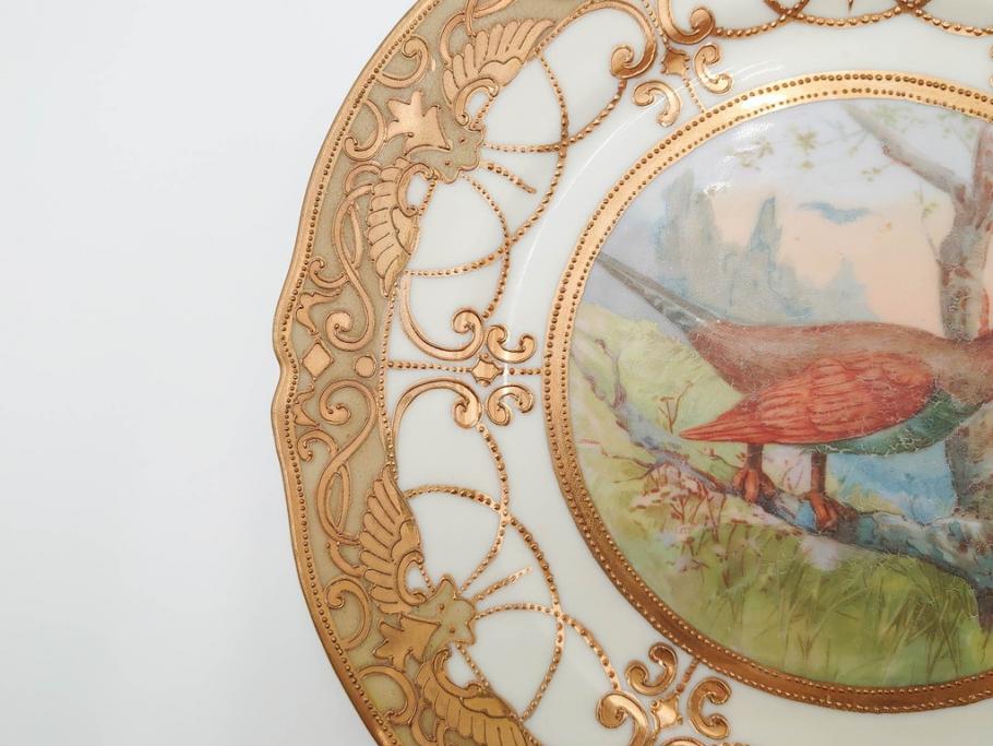 明治～大正期　オールドノリタケ　NORITAKE　金彩　金盛　ハンドペイント　雉　蝶　丁寧に施された装飾が日常に彩りと品格を添えるプレート2枚セット(ちょう、鳥、キジ、取手付、大皿、中皿、洋食器)(R-083568)