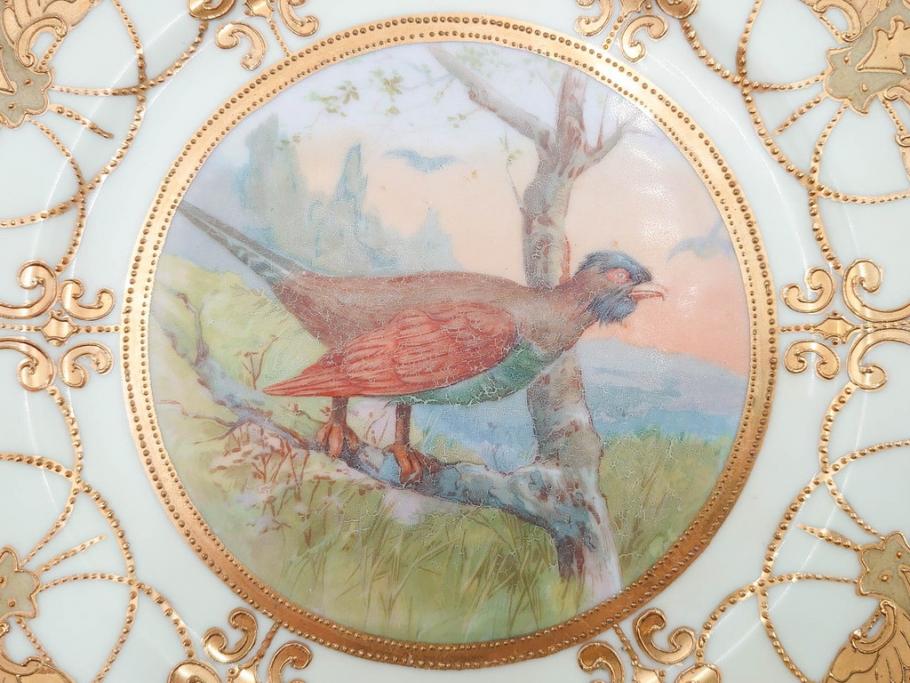 明治～大正期　オールドノリタケ　NORITAKE　金彩　金盛　ハンドペイント　雉　蝶　丁寧に施された装飾が日常に彩りと品格を添えるプレート2枚セット(ちょう、鳥、キジ、取手付、大皿、中皿、洋食器)(R-083568)