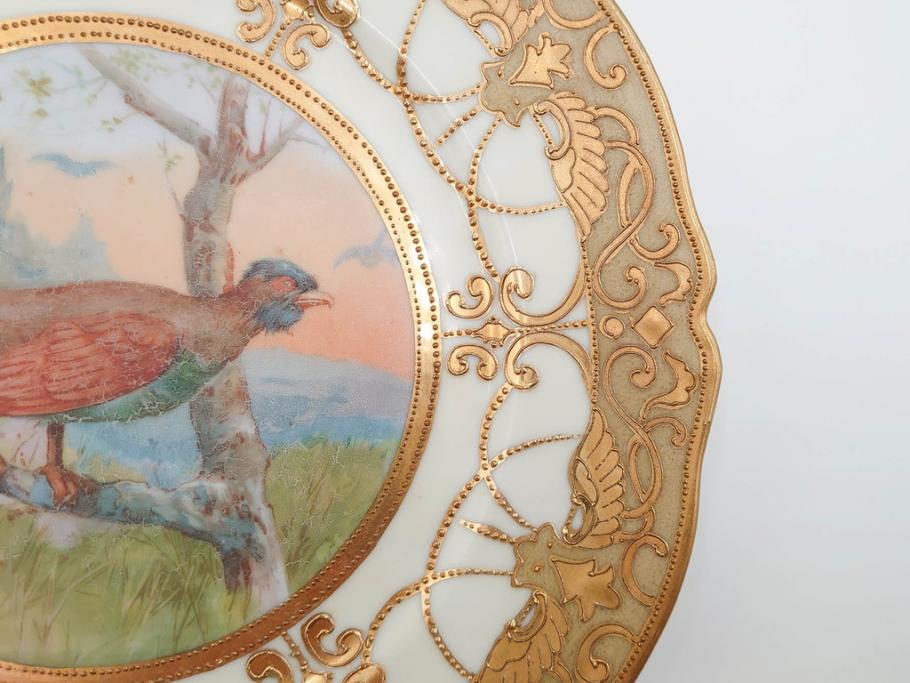 明治～大正期　オールドノリタケ　NORITAKE　金彩　金盛　ハンドペイント　雉　蝶　丁寧に施された装飾が日常に彩りと品格を添えるプレート2枚セット(ちょう、鳥、キジ、取手付、大皿、中皿、洋食器)(R-083568)