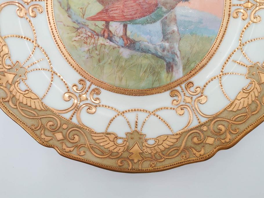 明治～大正期　オールドノリタケ　NORITAKE　金彩　金盛　ハンドペイント　雉　蝶　丁寧に施された装飾が日常に彩りと品格を添えるプレート2枚セット(ちょう、鳥、キジ、取手付、大皿、中皿、洋食器)(R-083568)