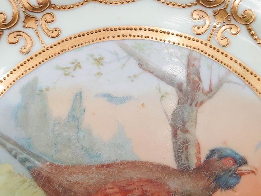 明治～大正期　オールドノリタケ　NORITAKE　金彩　金盛　ハンドペイント　雉　蝶　丁寧に施された装飾が日常に彩りと品格を添えるプレート2枚セット(ちょう、鳥、キジ、取手付、大皿、中皿、洋食器)(R-083568)