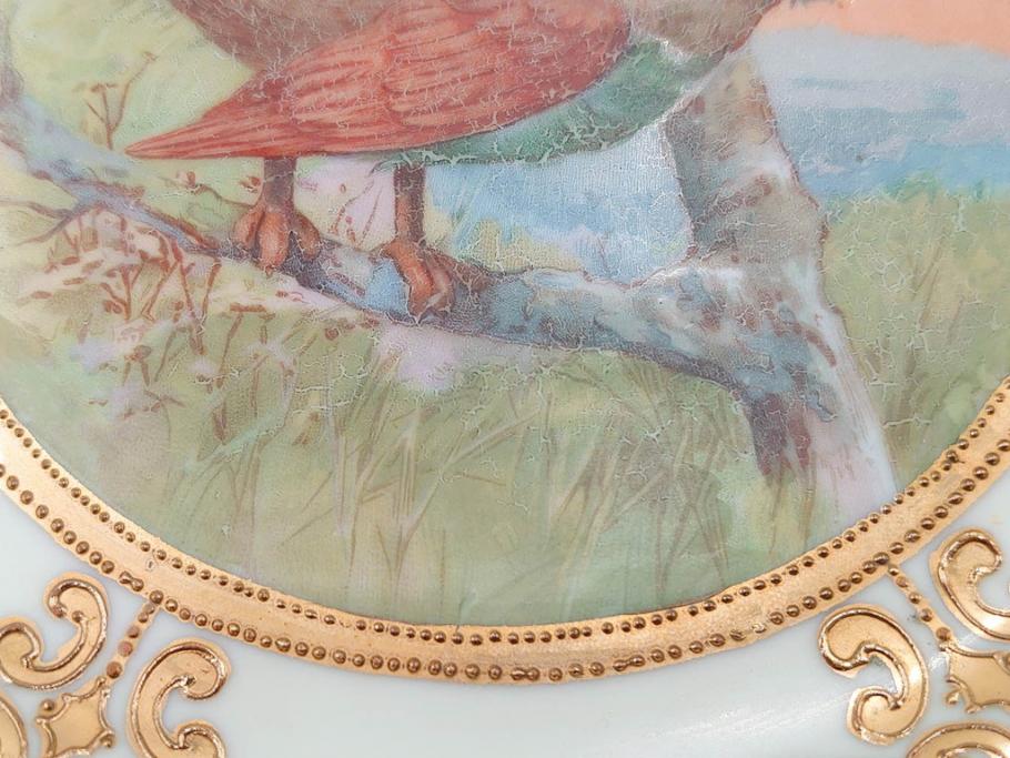 明治～大正期　オールドノリタケ　NORITAKE　金彩　金盛　ハンドペイント　雉　蝶　丁寧に施された装飾が日常に彩りと品格を添えるプレート2枚セット(ちょう、鳥、キジ、取手付、大皿、中皿、洋食器)(R-083568)