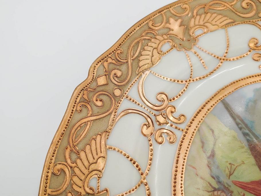 明治～大正期　オールドノリタケ　NORITAKE　金彩　金盛　ハンドペイント　雉　蝶　丁寧に施された装飾が日常に彩りと品格を添えるプレート2枚セット(ちょう、鳥、キジ、取手付、大皿、中皿、洋食器)(R-083568)