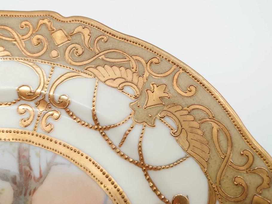 明治～大正期　オールドノリタケ　NORITAKE　金彩　金盛　ハンドペイント　雉　蝶　丁寧に施された装飾が日常に彩りと品格を添えるプレート2枚セット(ちょう、鳥、キジ、取手付、大皿、中皿、洋食器)(R-083568)