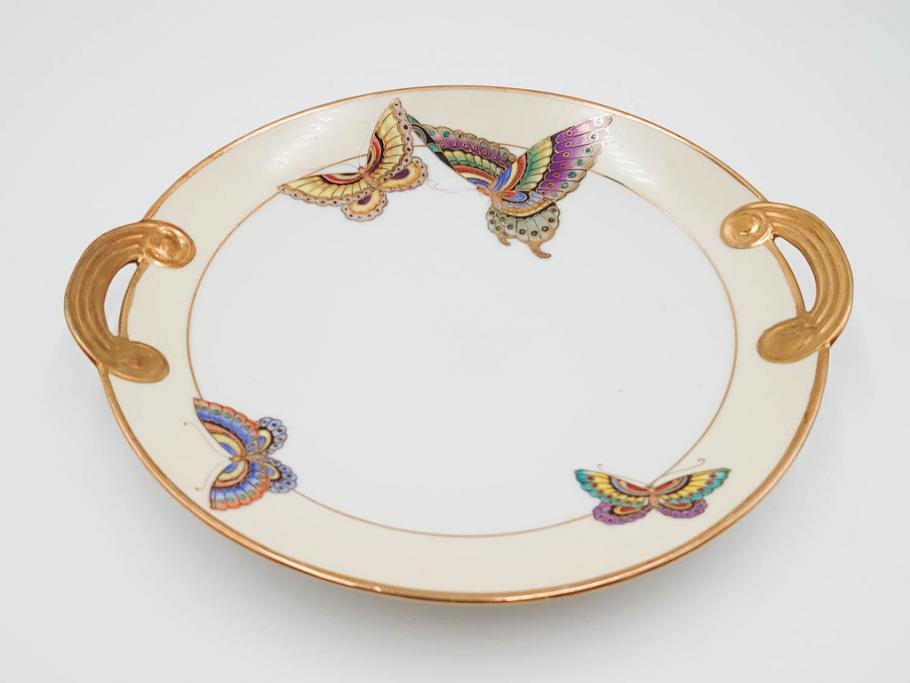 明治～大正期　オールドノリタケ　NORITAKE　金彩　金盛　ハンドペイント　雉　蝶　丁寧に施された装飾が日常に彩りと品格を添えるプレート2枚セット(ちょう、鳥、キジ、取手付、大皿、中皿、洋食器)(R-083568)
