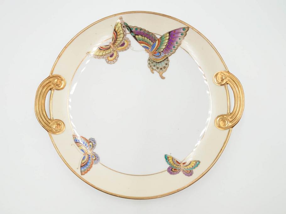 明治～大正期　オールドノリタケ　NORITAKE　金彩　金盛　ハンドペイント　雉　蝶　丁寧に施された装飾が日常に彩りと品格を添えるプレート2枚セット(ちょう、鳥、キジ、取手付、大皿、中皿、洋食器)(R-083568)