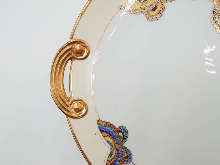 明治～大正期　オールドノリタケ　NORITAKE　金彩　金盛　ハンドペイント　雉　蝶　丁寧に施された装飾が日常に彩りと品格を添えるプレート2枚セット(ちょう、鳥、キジ、取手付、大皿、中皿、洋食器)(R-083568)