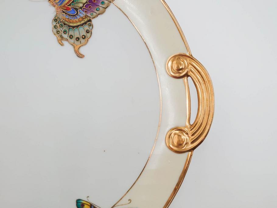 明治～大正期　オールドノリタケ　NORITAKE　金彩　金盛　ハンドペイント　雉　蝶　丁寧に施された装飾が日常に彩りと品格を添えるプレート2枚セット(ちょう、鳥、キジ、取手付、大皿、中皿、洋食器)(R-083568)