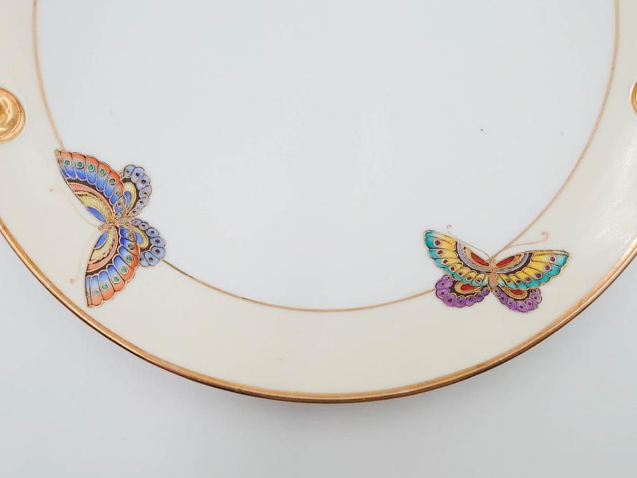 明治～大正期　オールドノリタケ　NORITAKE　金彩　金盛　ハンドペイント　雉　蝶　丁寧に施された装飾が日常に彩りと品格を添えるプレート2枚セット(ちょう、鳥、キジ、取手付、大皿、中皿、洋食器)(R-083568)