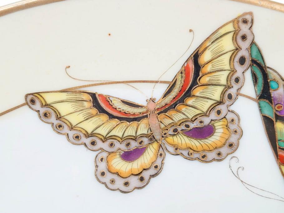 明治～大正期　オールドノリタケ　NORITAKE　金彩　金盛　ハンドペイント　雉　蝶　丁寧に施された装飾が日常に彩りと品格を添えるプレート2枚セット(ちょう、鳥、キジ、取手付、大皿、中皿、洋食器)(R-083568)
