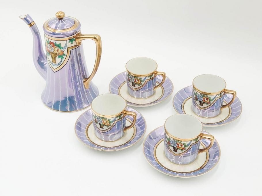 明治～大正期　オールドノリタケ　NORITAKE　花籠　ラスター彩と金彩が織りなす幻想的な輝きが贅沢なひとときを演出するポット・カップ&ソーサー4客セット(ティー、コーヒー、マルキ印、C&S、洋食器)(R-083569)