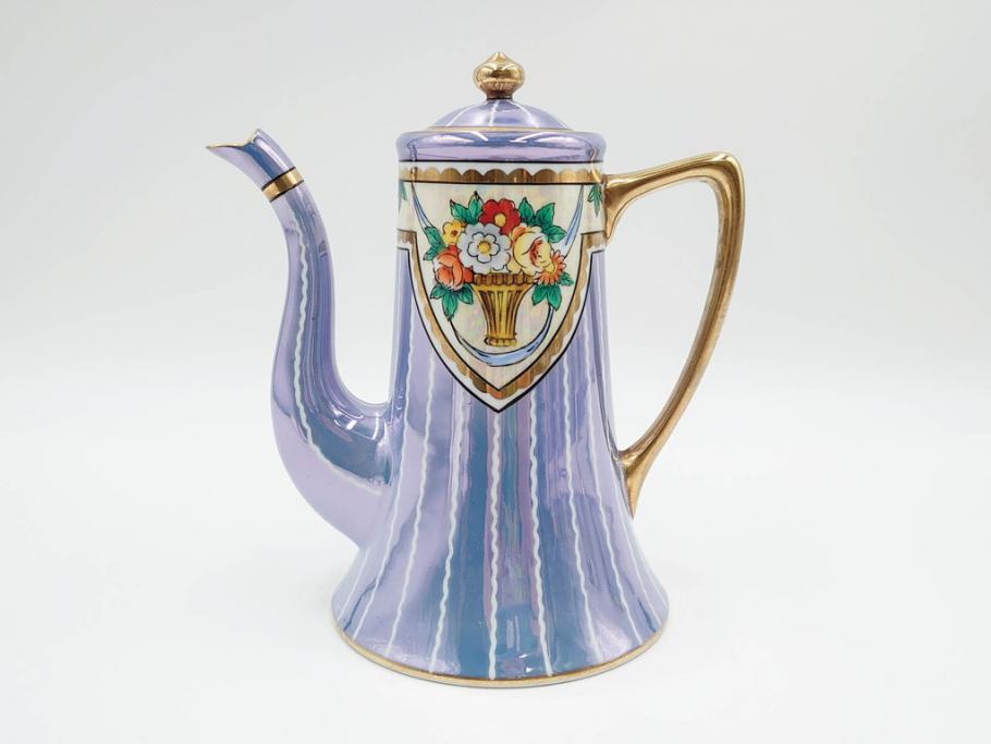 明治～大正期　オールドノリタケ　NORITAKE　花籠　ラスター彩と金彩が織りなす幻想的な輝きが贅沢なひとときを演出するポット・カップ&ソーサー4客セット(ティー、コーヒー、マルキ印、C&S、洋食器)(R-083569)