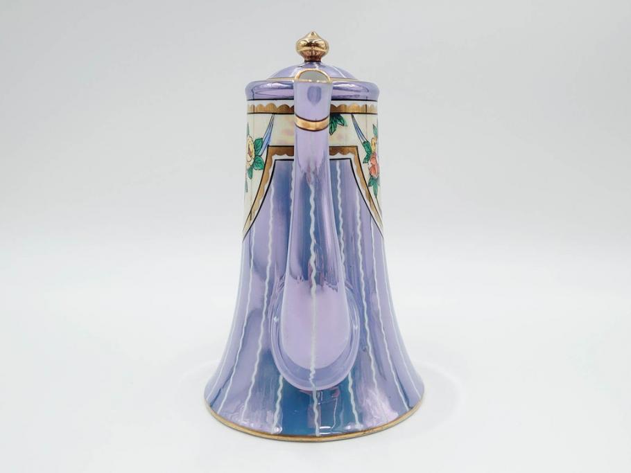 明治～大正期　オールドノリタケ　NORITAKE　花籠　ラスター彩と金彩が織りなす幻想的な輝きが贅沢なひとときを演出するポット・カップ&ソーサー4客セット(ティー、コーヒー、マルキ印、C&S、洋食器)(R-083569)