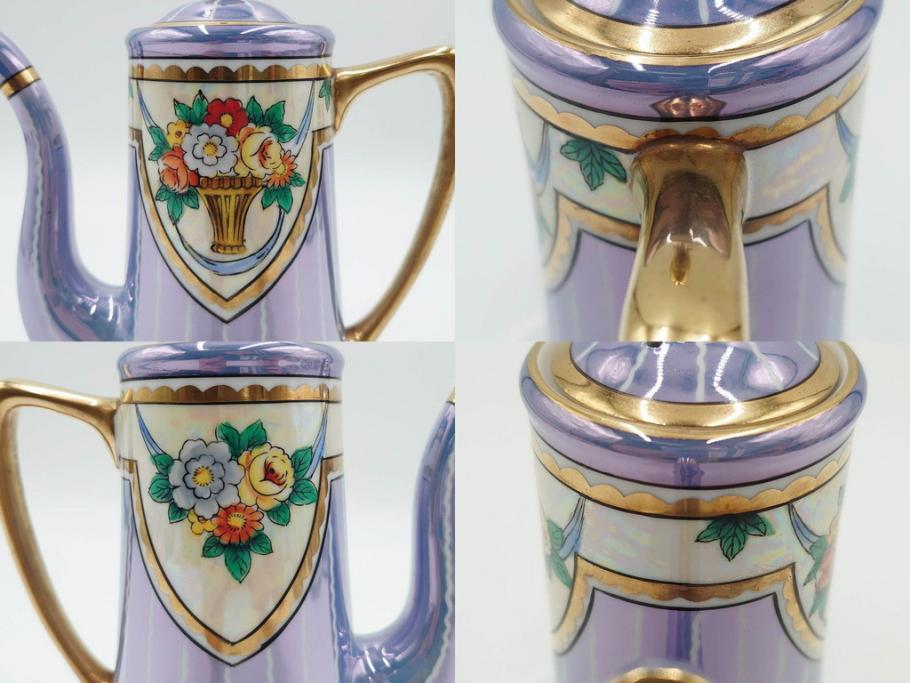 明治～大正期　オールドノリタケ　NORITAKE　花籠　ラスター彩と金彩が織りなす幻想的な輝きが贅沢なひとときを演出するポット・カップ&ソーサー4客セット(ティー、コーヒー、マルキ印、C&S、洋食器)(R-083569)