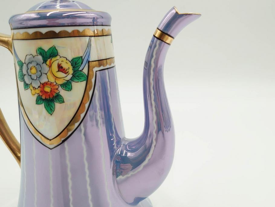 明治～大正期　オールドノリタケ　NORITAKE　花籠　ラスター彩と金彩が織りなす幻想的な輝きが贅沢なひとときを演出するポット・カップ&ソーサー4客セット(ティー、コーヒー、マルキ印、C&S、洋食器)(R-083569)