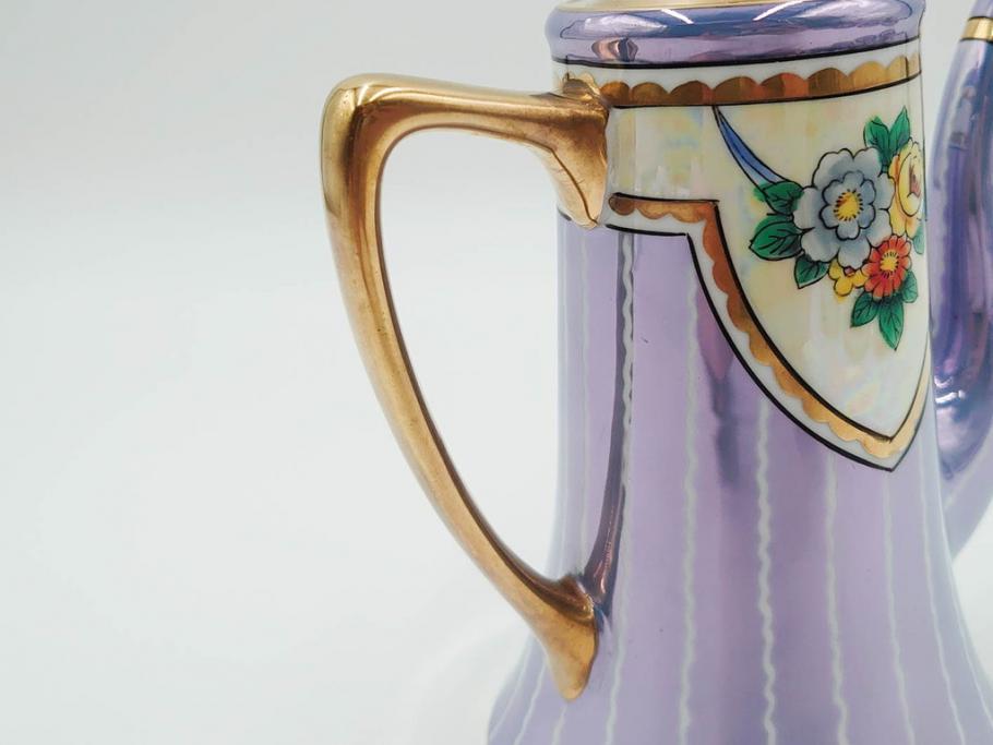 明治～大正期　オールドノリタケ　NORITAKE　花籠　ラスター彩と金彩が織りなす幻想的な輝きが贅沢なひとときを演出するポット・カップ&ソーサー4客セット(ティー、コーヒー、マルキ印、C&S、洋食器)(R-083569)