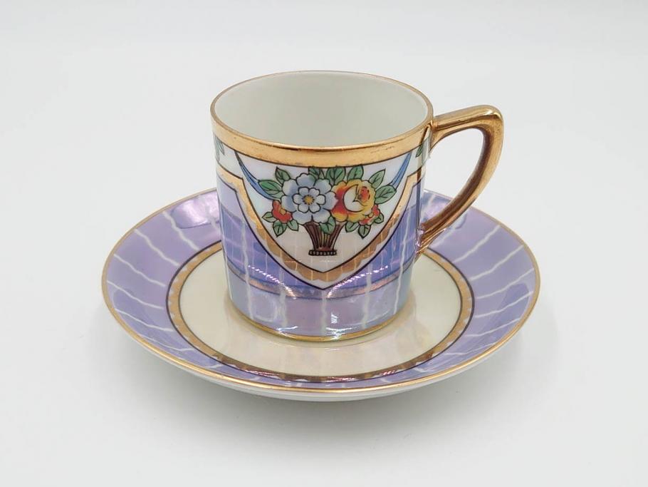 明治～大正期　オールドノリタケ　NORITAKE　花籠　ラスター彩と金彩が織りなす幻想的な輝きが贅沢なひとときを演出するポット・カップ&ソーサー4客セット(ティー、コーヒー、マルキ印、C&S、洋食器)(R-083569)