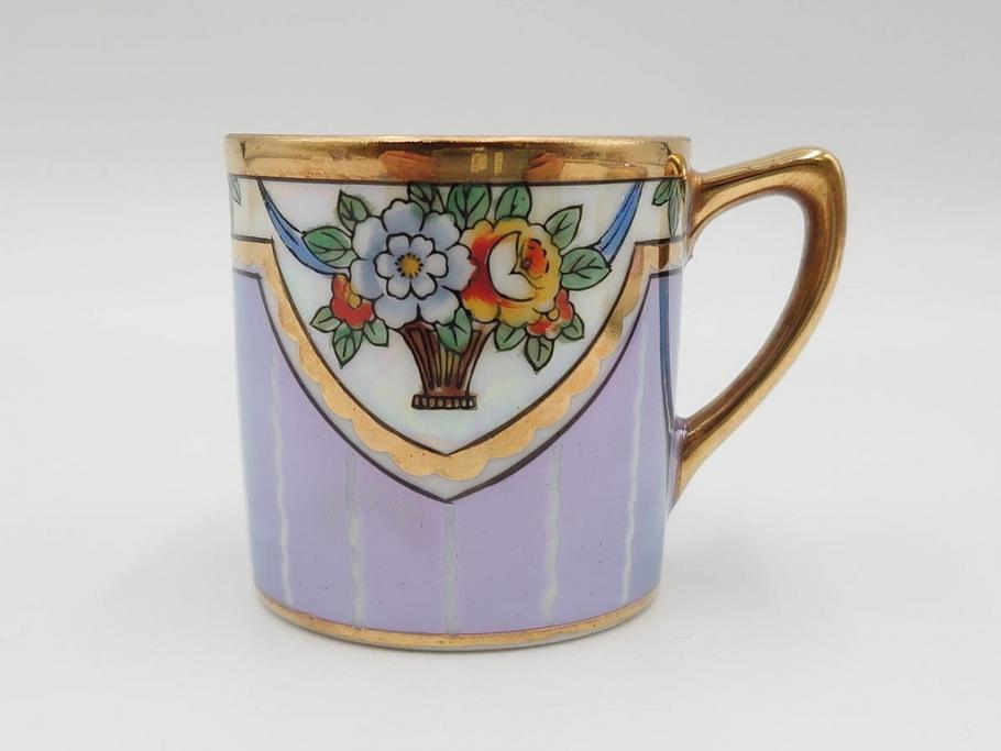 明治～大正期　オールドノリタケ　NORITAKE　花籠　ラスター彩と金彩が織りなす幻想的な輝きが贅沢なひとときを演出するポット・カップ&ソーサー4客セット(ティー、コーヒー、マルキ印、C&S、洋食器)(R-083569)