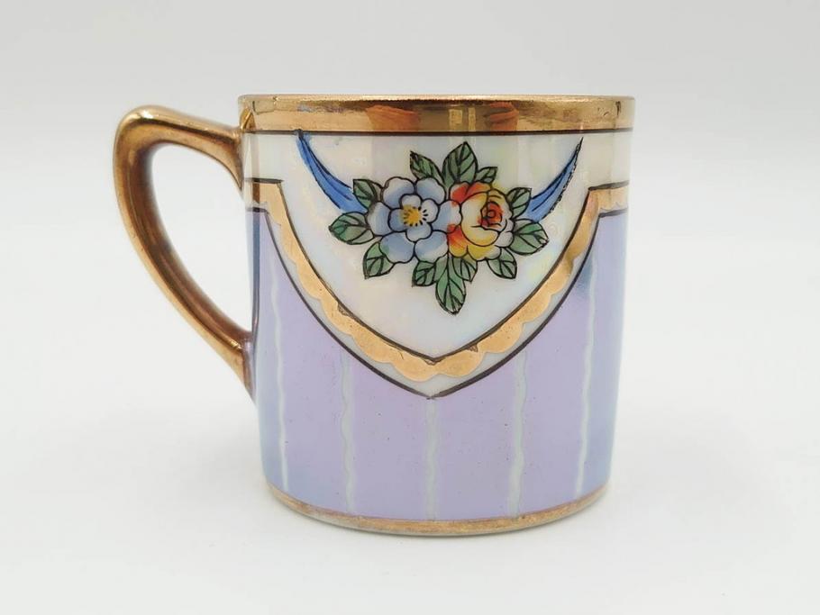 明治～大正期　オールドノリタケ　NORITAKE　花籠　ラスター彩と金彩が織りなす幻想的な輝きが贅沢なひとときを演出するポット・カップ&ソーサー4客セット(ティー、コーヒー、マルキ印、C&S、洋食器)(R-083569)