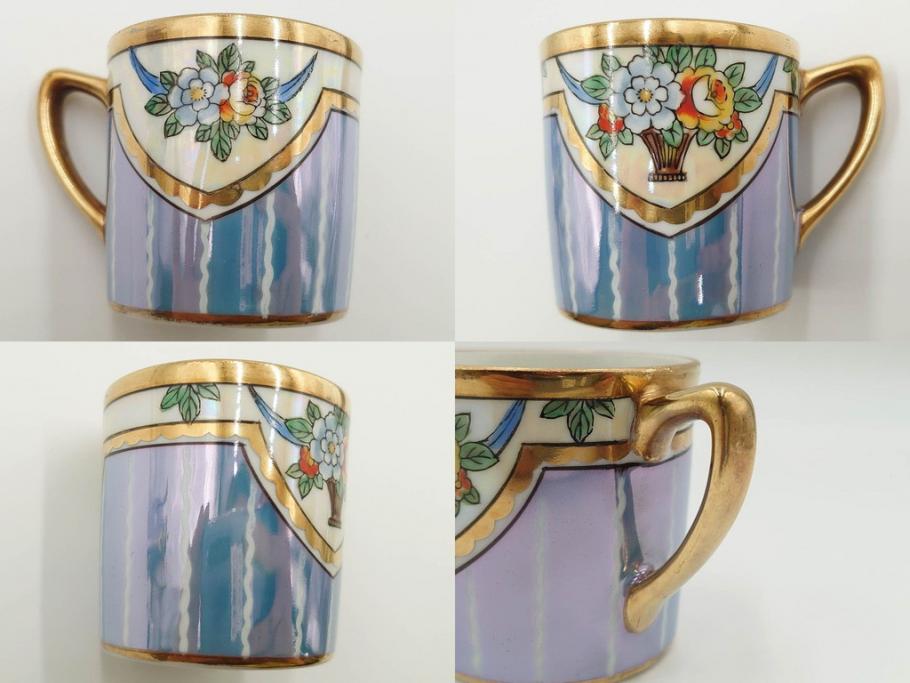 明治～大正期　オールドノリタケ　NORITAKE　花籠　ラスター彩と金彩が織りなす幻想的な輝きが贅沢なひとときを演出するポット・カップ&ソーサー4客セット(ティー、コーヒー、マルキ印、C&S、洋食器)(R-083569)
