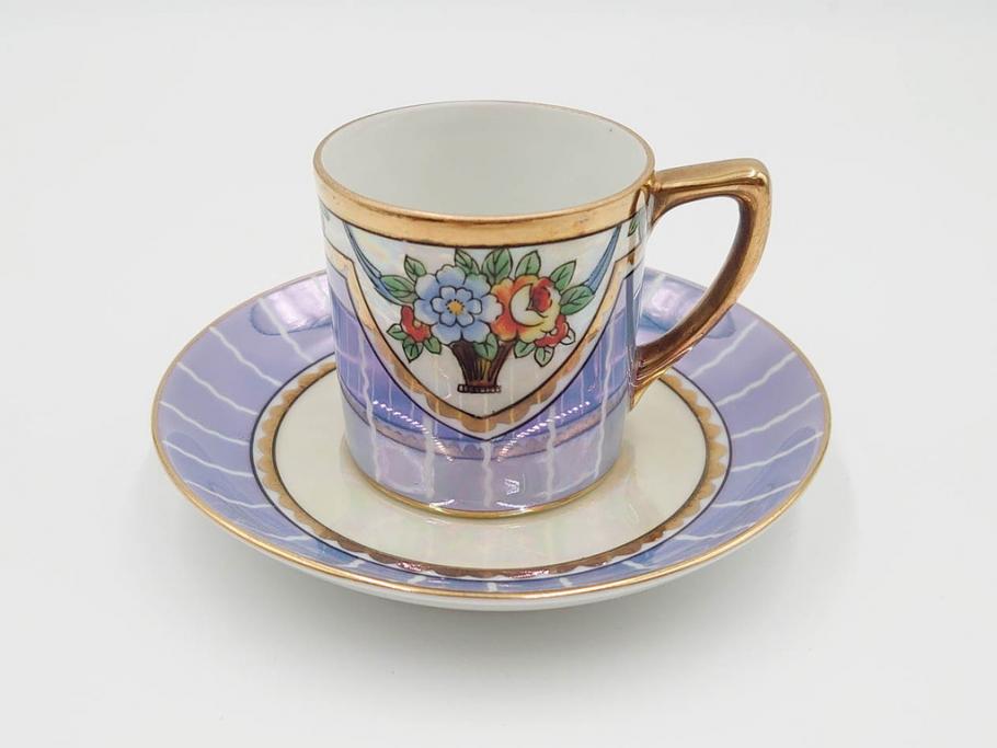 明治～大正期　オールドノリタケ　NORITAKE　花籠　ラスター彩と金彩が織りなす幻想的な輝きが贅沢なひとときを演出するポット・カップ&ソーサー4客セット(ティー、コーヒー、マルキ印、C&S、洋食器)(R-083569)