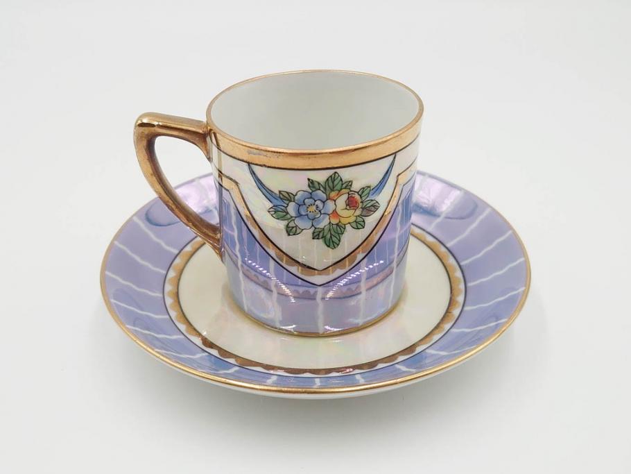 明治～大正期　オールドノリタケ　NORITAKE　花籠　ラスター彩と金彩が織りなす幻想的な輝きが贅沢なひとときを演出するポット・カップ&ソーサー4客セット(ティー、コーヒー、マルキ印、C&S、洋食器)(R-083569)