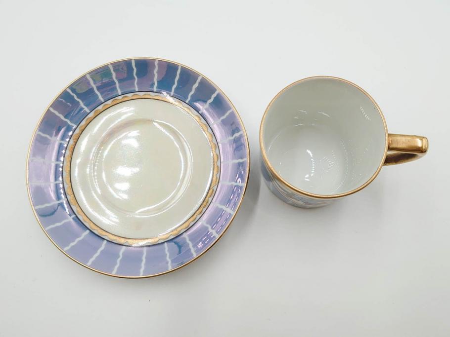 明治～大正期　オールドノリタケ　NORITAKE　花籠　ラスター彩と金彩が織りなす幻想的な輝きが贅沢なひとときを演出するポット・カップ&ソーサー4客セット(ティー、コーヒー、マルキ印、C&S、洋食器)(R-083569)