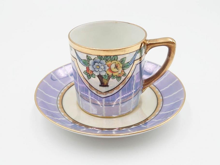 明治～大正期　オールドノリタケ　NORITAKE　花籠　ラスター彩と金彩が織りなす幻想的な輝きが贅沢なひとときを演出するポット・カップ&ソーサー4客セット(ティー、コーヒー、マルキ印、C&S、洋食器)(R-083569)