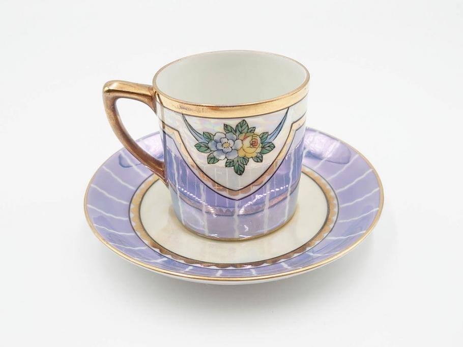 明治～大正期　オールドノリタケ　NORITAKE　花籠　ラスター彩と金彩が織りなす幻想的な輝きが贅沢なひとときを演出するポット・カップ&ソーサー4客セット(ティー、コーヒー、マルキ印、C&S、洋食器)(R-083569)