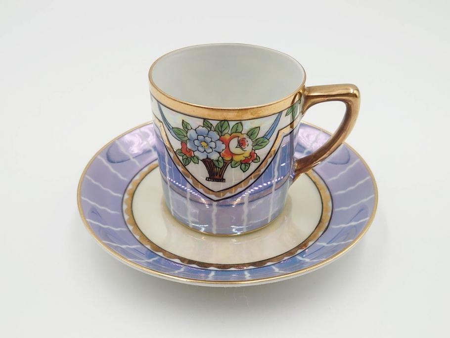 明治～大正期　オールドノリタケ　NORITAKE　花籠　ラスター彩と金彩が織りなす幻想的な輝きが贅沢なひとときを演出するポット・カップ&ソーサー4客セット(ティー、コーヒー、マルキ印、C&S、洋食器)(R-083569)