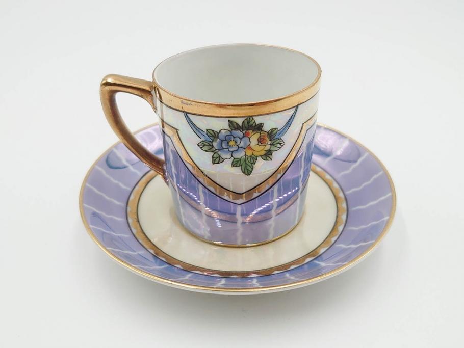 明治～大正期　オールドノリタケ　NORITAKE　花籠　ラスター彩と金彩が織りなす幻想的な輝きが贅沢なひとときを演出するポット・カップ&ソーサー4客セット(ティー、コーヒー、マルキ印、C&S、洋食器)(R-083569)