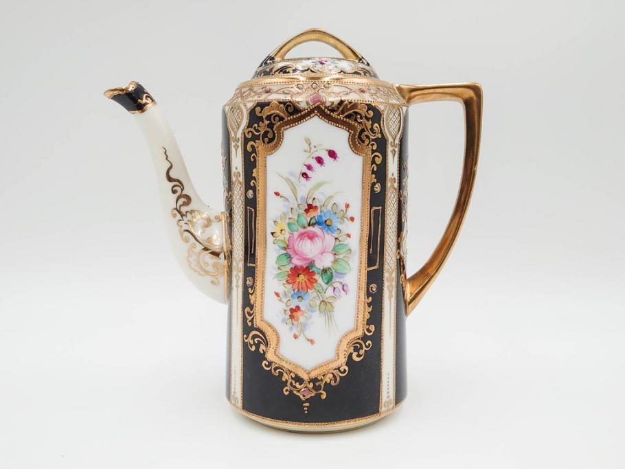 明治～大正期　オールドノリタケ　NORITAKE　金彩　金盛　花　ハンドペイント　格調高く華やぎを纏ったコーヒーセット(ポット、クリーマー、シュガーポット、カップ&ソーサー3客、C&S、洋食器)(R-083570)