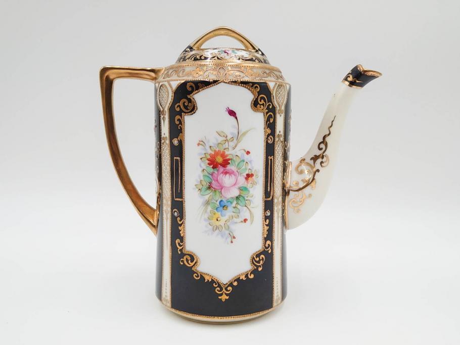 明治～大正期　オールドノリタケ　NORITAKE　金彩　金盛　花　ハンドペイント　格調高く華やぎを纏ったコーヒーセット(ポット、クリーマー、シュガーポット、カップ&ソーサー3客、C&S、洋食器)(R-083570)