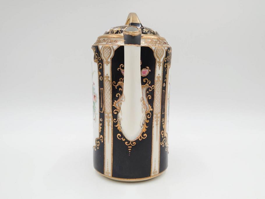 明治～大正期　オールドノリタケ　NORITAKE　金彩　金盛　花　ハンドペイント　格調高く華やぎを纏ったコーヒーセット(ポット、クリーマー、シュガーポット、カップ&ソーサー3客、C&S、洋食器)(R-083570)