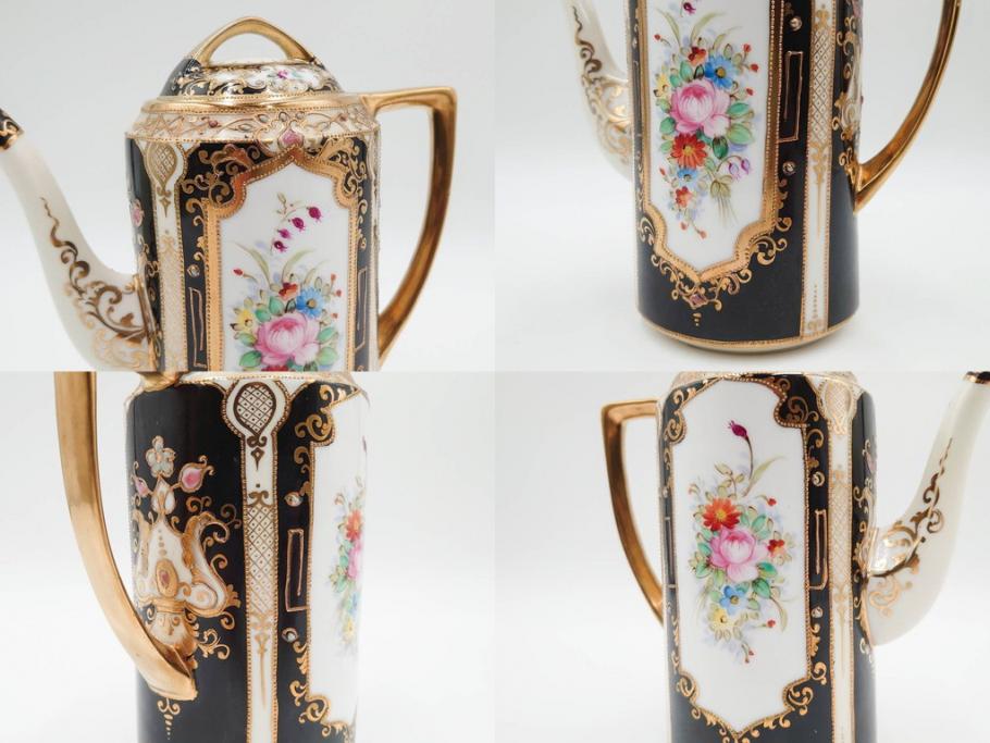 明治～大正期　オールドノリタケ　NORITAKE　金彩　金盛　花　ハンドペイント　格調高く華やぎを纏ったコーヒーセット(ポット、クリーマー、シュガーポット、カップ&ソーサー3客、C&S、洋食器)(R-083570)
