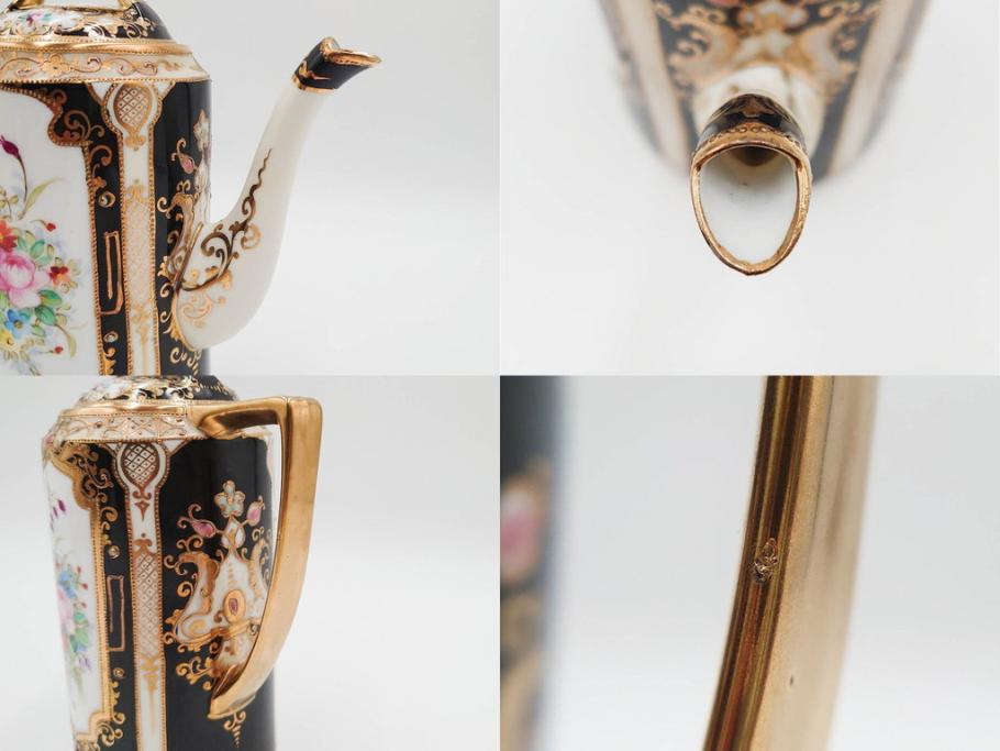 明治～大正期　オールドノリタケ　NORITAKE　金彩　金盛　花　ハンドペイント　格調高く華やぎを纏ったコーヒーセット(ポット、クリーマー、シュガーポット、カップ&ソーサー3客、C&S、洋食器)(R-083570)