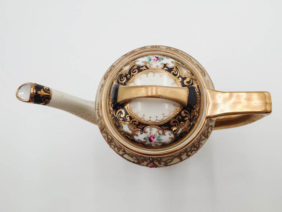 明治～大正期　オールドノリタケ　NORITAKE　金彩　金盛　花　ハンドペイント　格調高く華やぎを纏ったコーヒーセット(ポット、クリーマー、シュガーポット、カップ&ソーサー3客、C&S、洋食器)(R-083570)