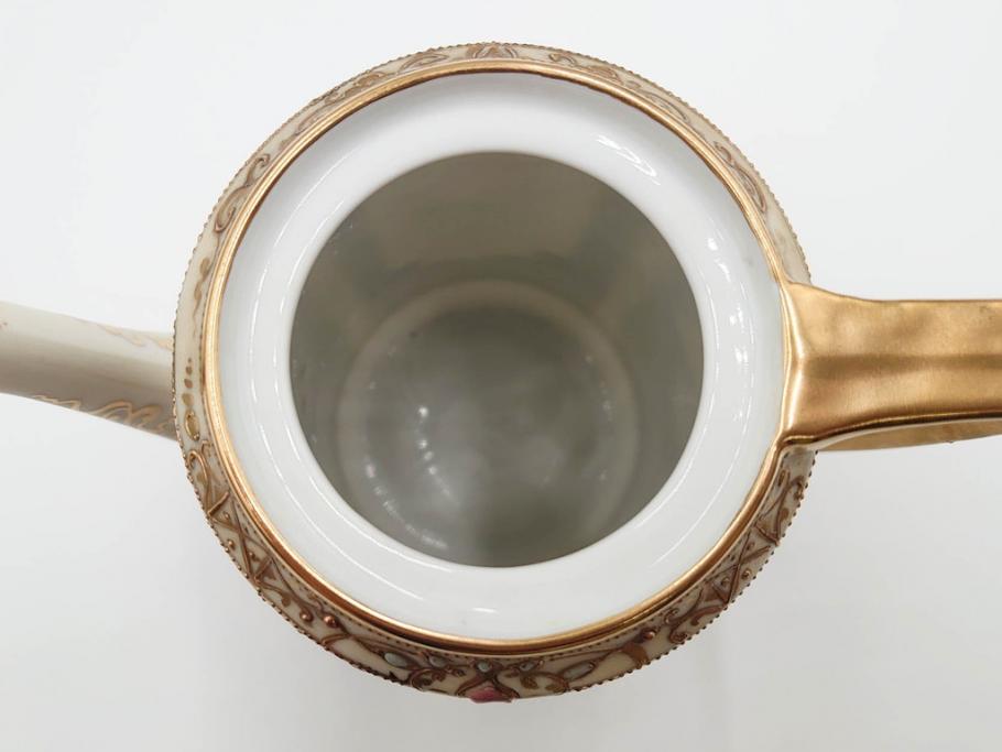 明治～大正期　オールドノリタケ　NORITAKE　金彩　金盛　花　ハンドペイント　格調高く華やぎを纏ったコーヒーセット(ポット、クリーマー、シュガーポット、カップ&ソーサー3客、C&S、洋食器)(R-083570)