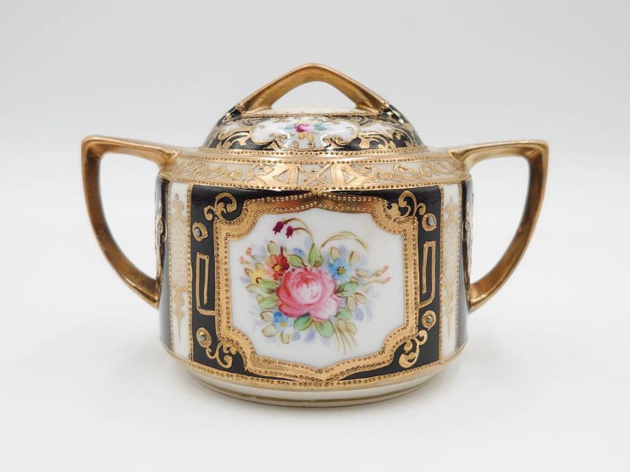 明治～大正期　オールドノリタケ　NORITAKE　金彩　金盛　花　ハンドペイント　格調高く華やぎを纏ったコーヒーセット(ポット、クリーマー、シュガーポット、カップ&ソーサー3客、C&S、洋食器)(R-083570)