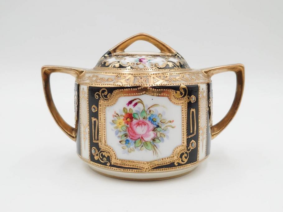 明治～大正期　オールドノリタケ　NORITAKE　金彩　金盛　花　ハンドペイント　格調高く華やぎを纏ったコーヒーセット(ポット、クリーマー、シュガーポット、カップ&ソーサー3客、C&S、洋食器)(R-083570)