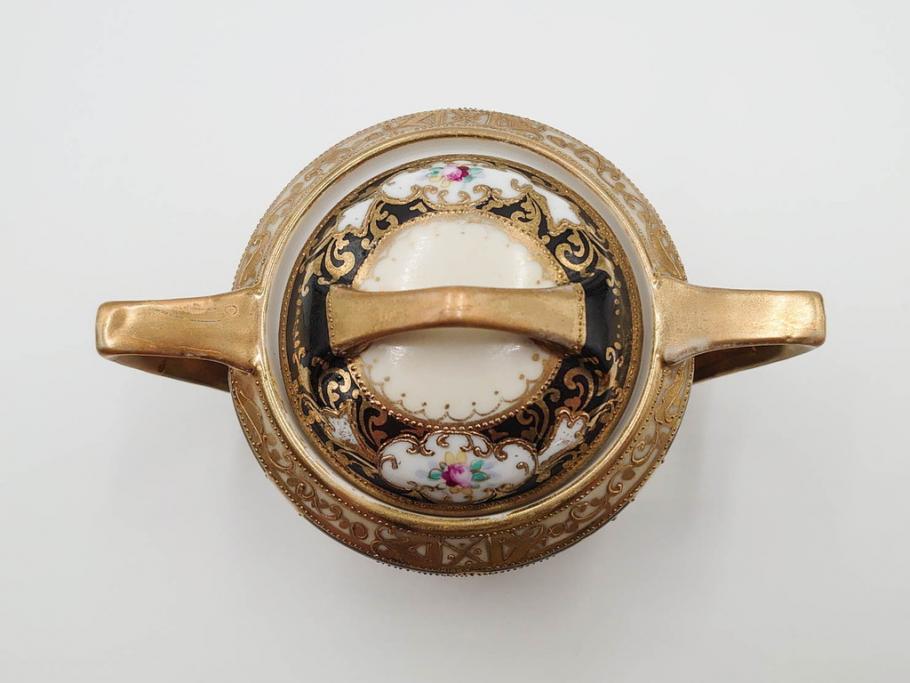 明治～大正期　オールドノリタケ　NORITAKE　金彩　金盛　花　ハンドペイント　格調高く華やぎを纏ったコーヒーセット(ポット、クリーマー、シュガーポット、カップ&ソーサー3客、C&S、洋食器)(R-083570)